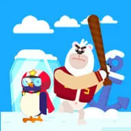 A penguin being launched by a polar bear in Bouncemasters, an arcade game.